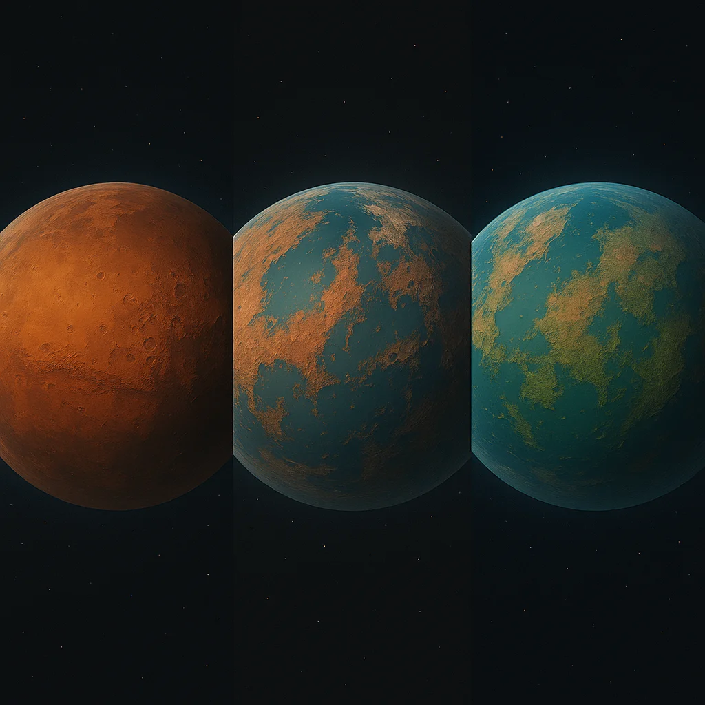 Mars terraforming progression from red to blue-green world